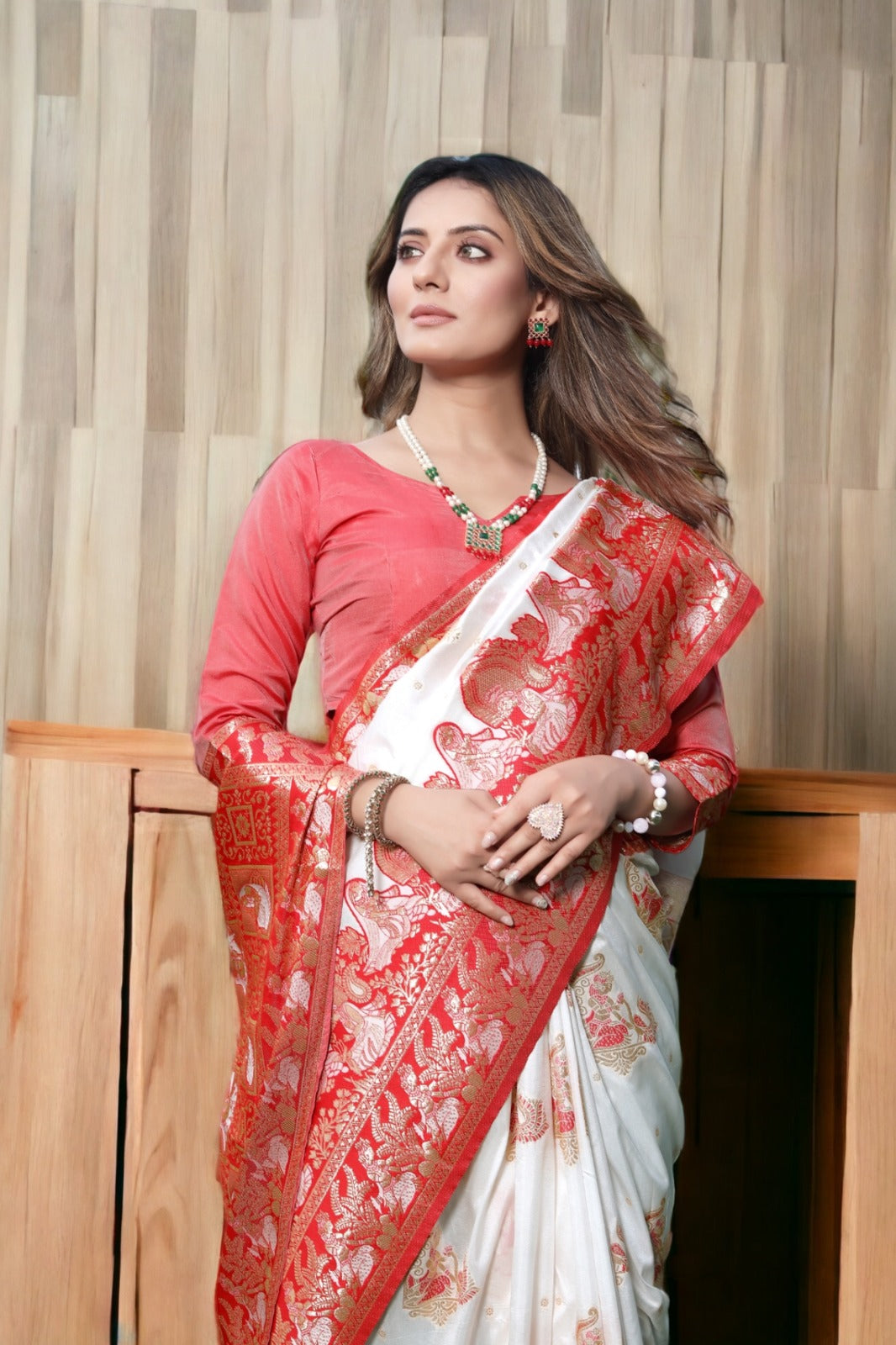 Traditional White with Red Banarasi Silk Saree with Silver Zari Work with Blouse Peace