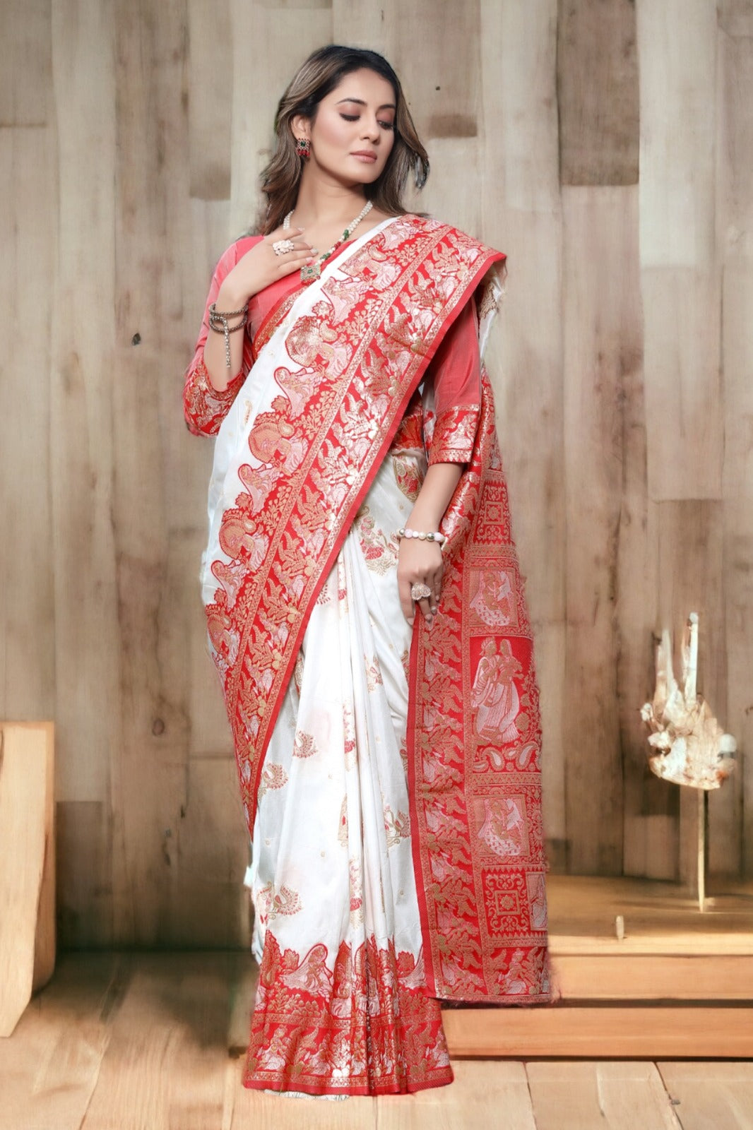 Traditional White with Red Banarasi Silk Saree with Silver Zari Work with Blouse Peace