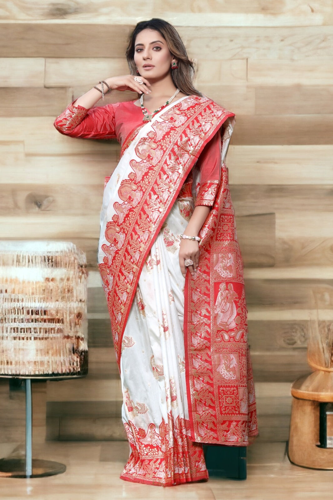Traditional White with Red Banarasi Silk Saree with Silver Zari Work with Blouse Peace