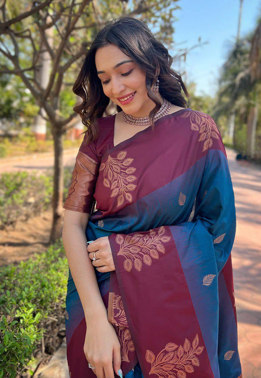 Stunning Blue Lichi Silk Saree with Blouse Peace