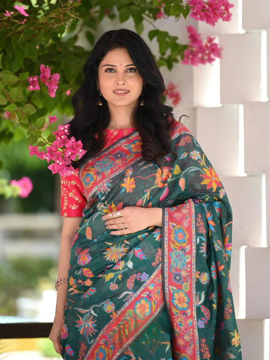 Printed Banarasi Silk Saree with Heavy Zari Brocade Green