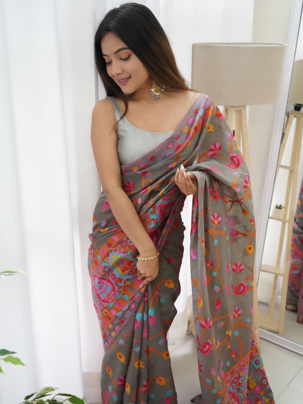 Banarasi Silk Saree Printed– Rich Fabric, Royal Look Grey