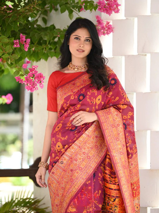Elegant Banarasi Silk Saree with Zari Border & Pallu Red