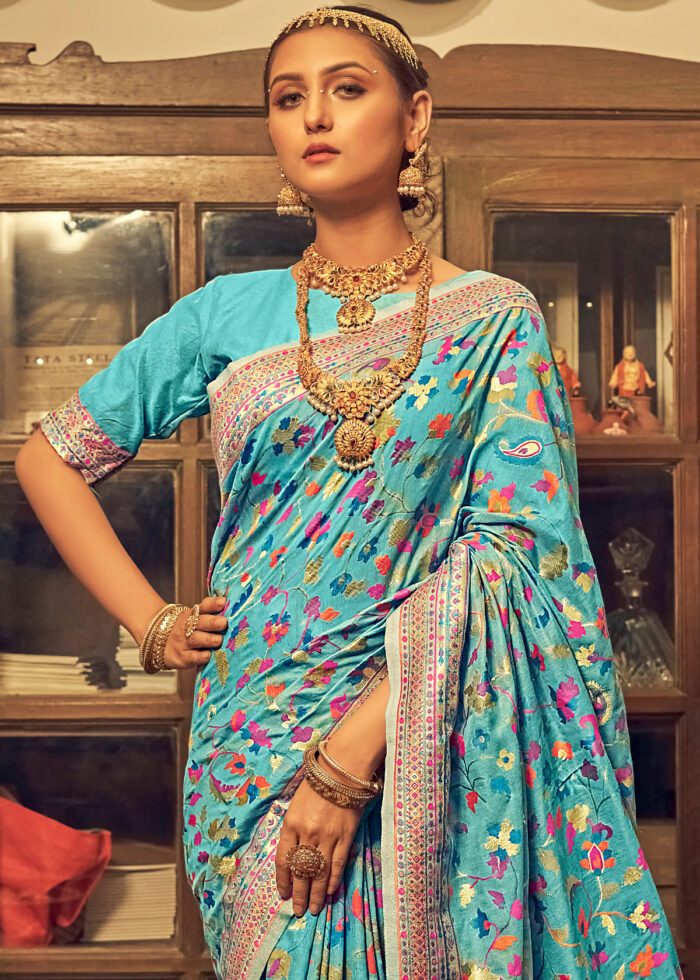 Pure Silk Banarasi Saree with Exquisite Zari Weaving Firozi
