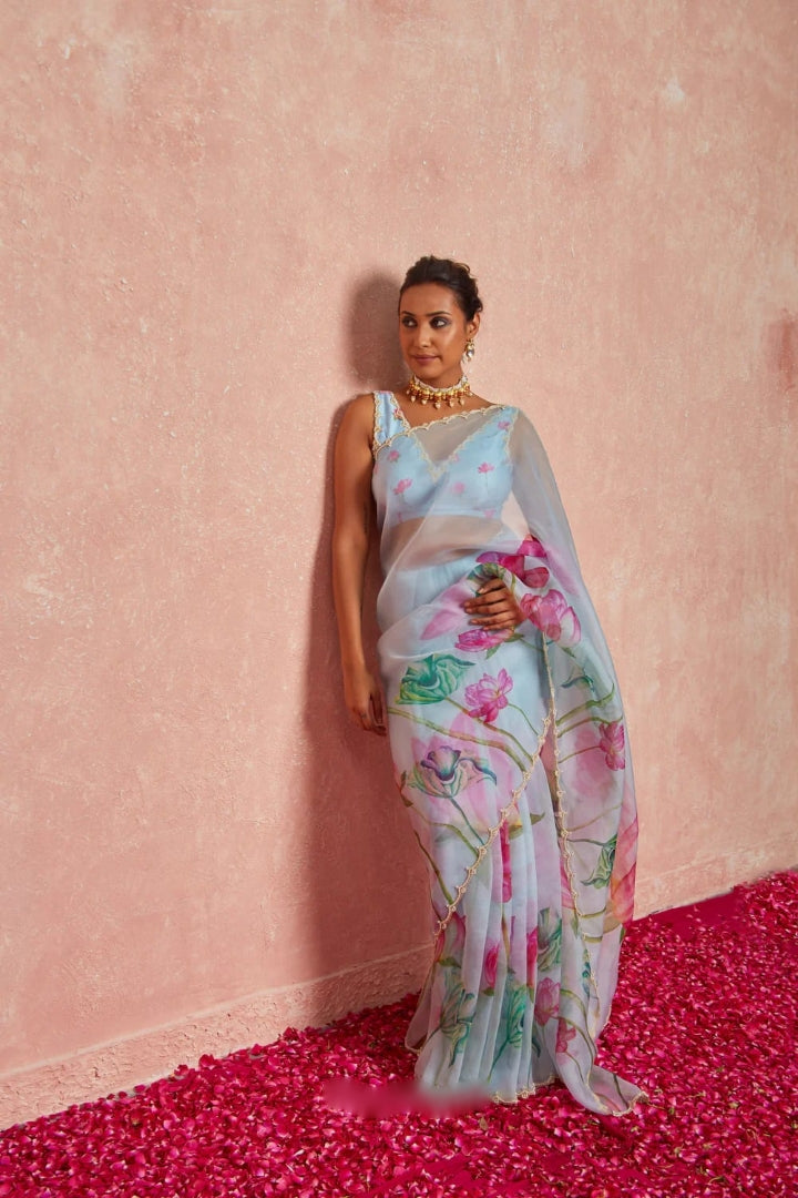 Stylist 1 Minute Ready to Wear Sky Blue Floral Georgette Saree