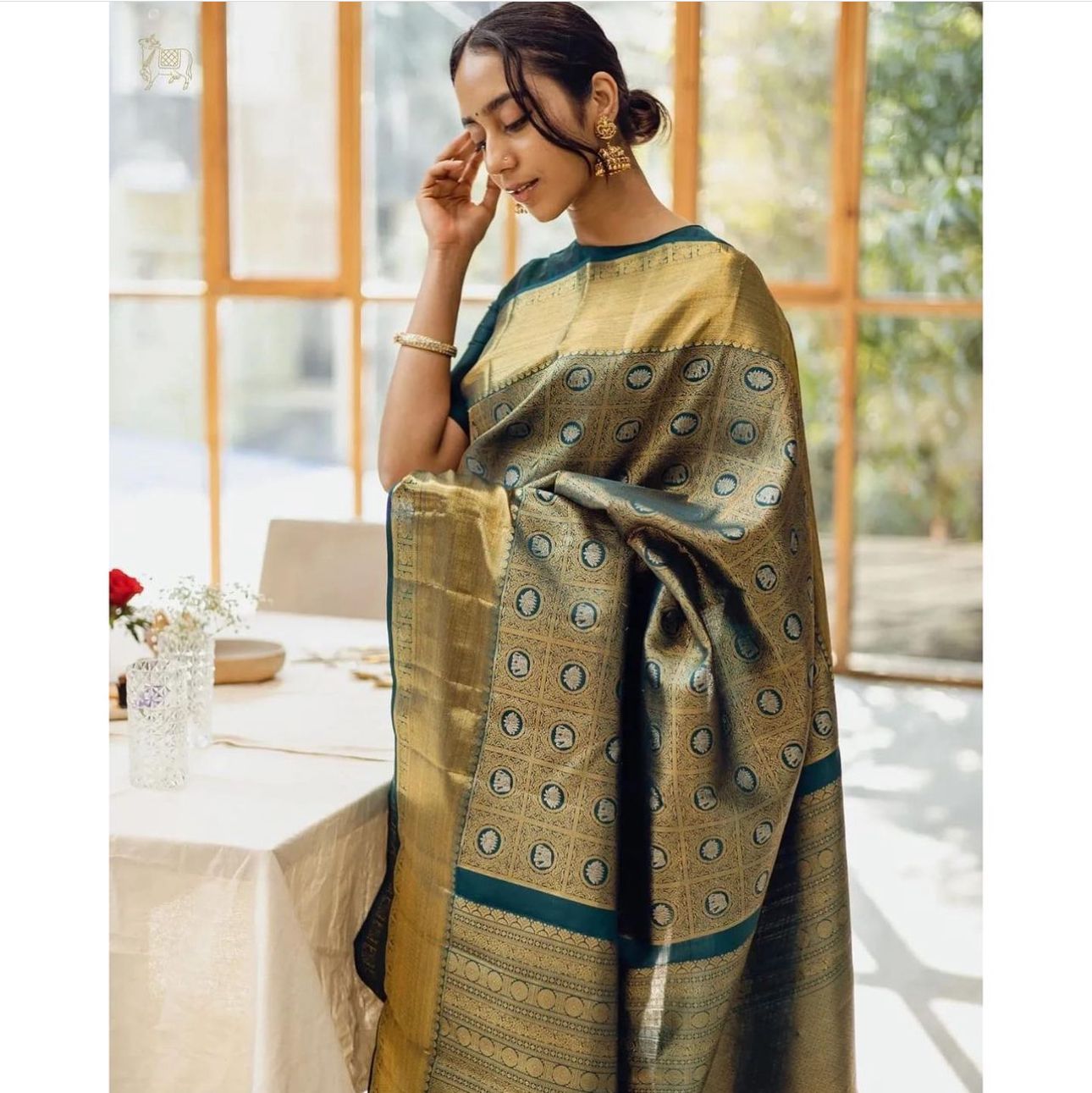 Luxurious Rama and Golden Soft Silk Saree With Angelic Blouse Piece