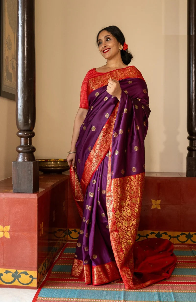 Stylist Red and Wine Soft Silk Saree with Ethnic Blouse Piece