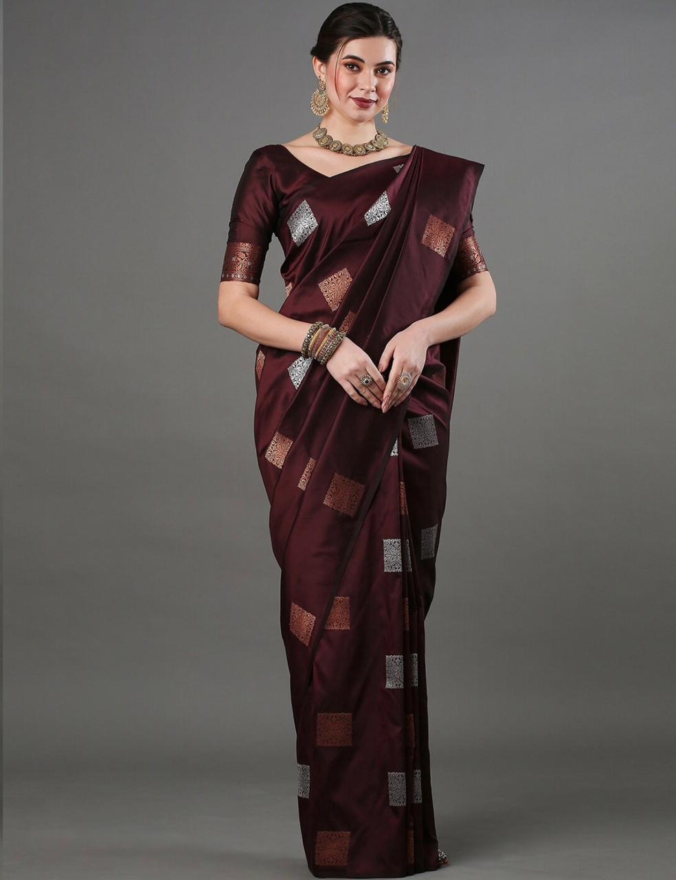 Ethnic Banarasi Saree – Handwoven Soft Silk Fabric Wine Saree