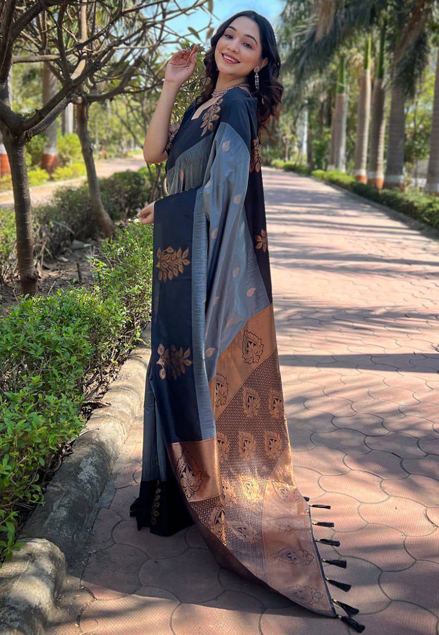 Stunning Grey Lichi Silk Saree with Blouse Peace