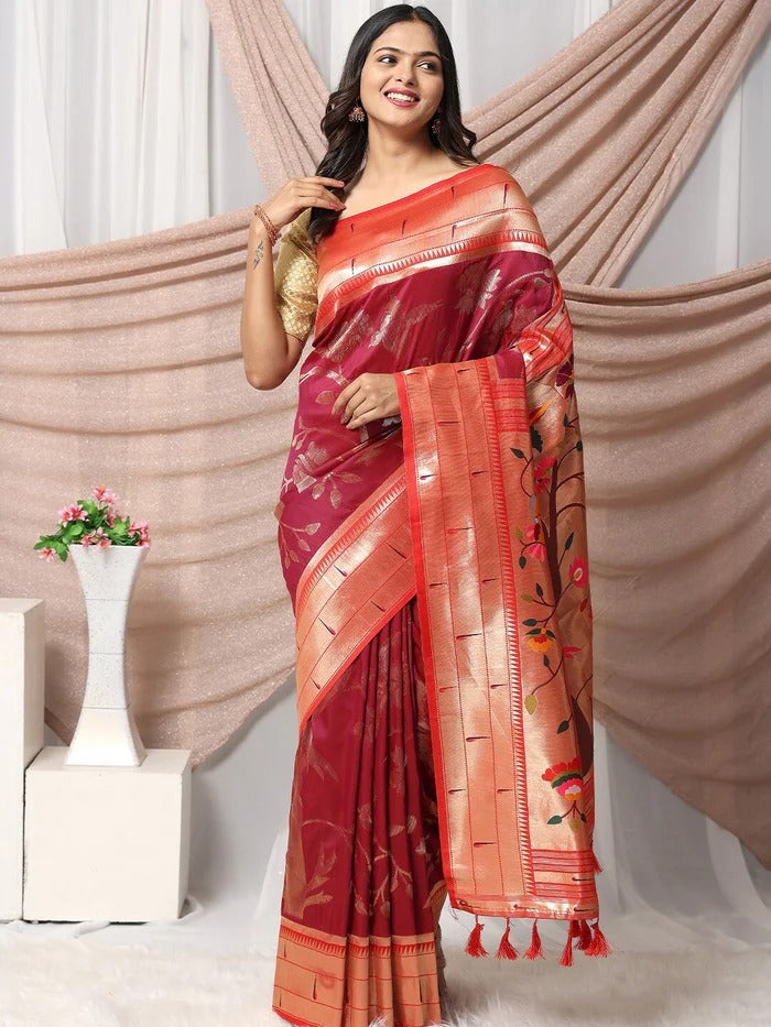 Authentic Banarasi Saree in Soft Silk Fabric Weaving Red Saree