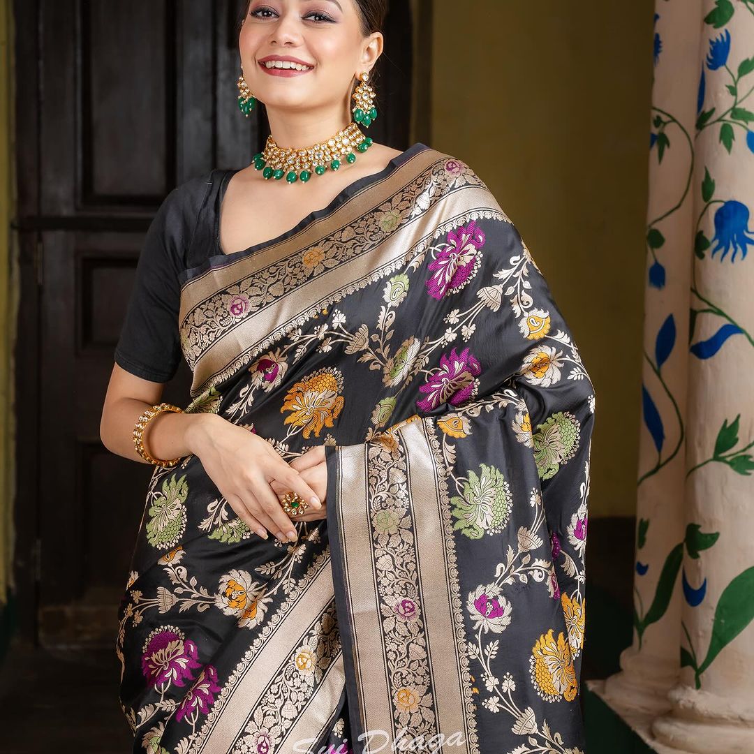Vibrant Black and Golden Soft Silk Saree with Ethnic Blouse Piece