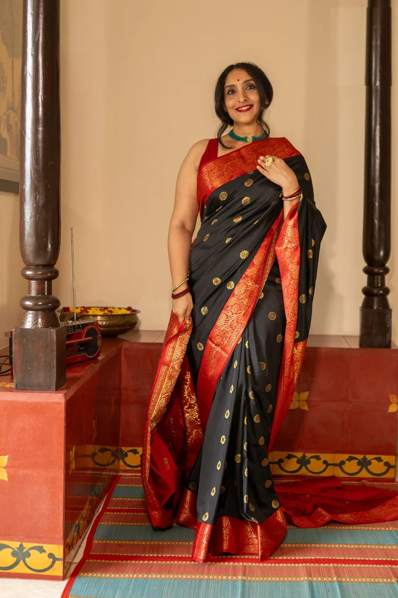 Stylist Red and Black Soft Silk Saree with Ethnic Blouse Piece