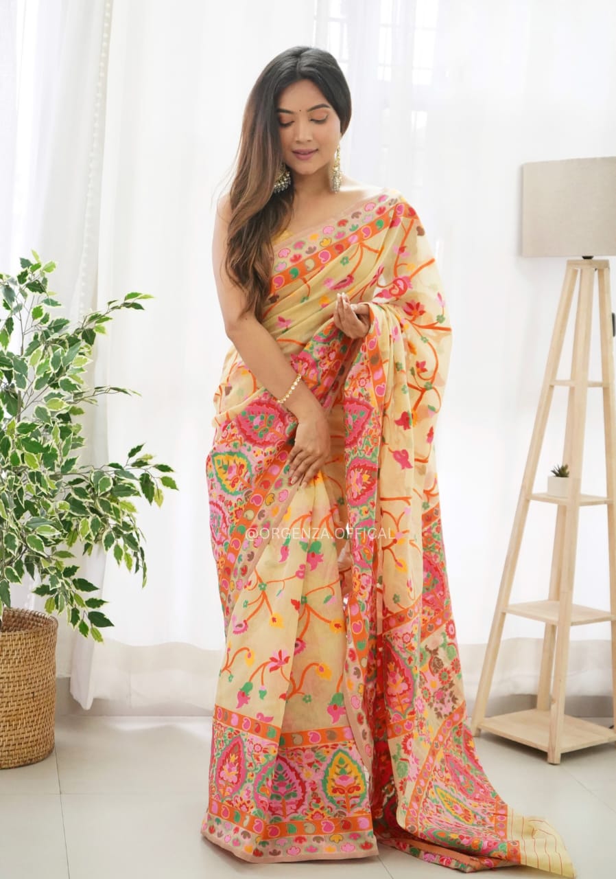 Banarasi Silk Saree Printed– Rich Fabric, Royal Look Light Yellow