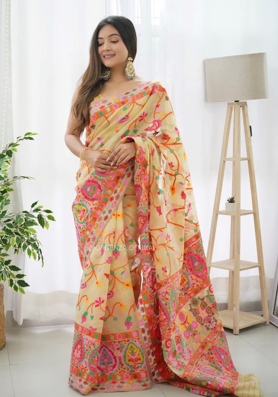 Banarasi Silk Saree Printed– Rich Fabric, Royal Look Light Yellow
