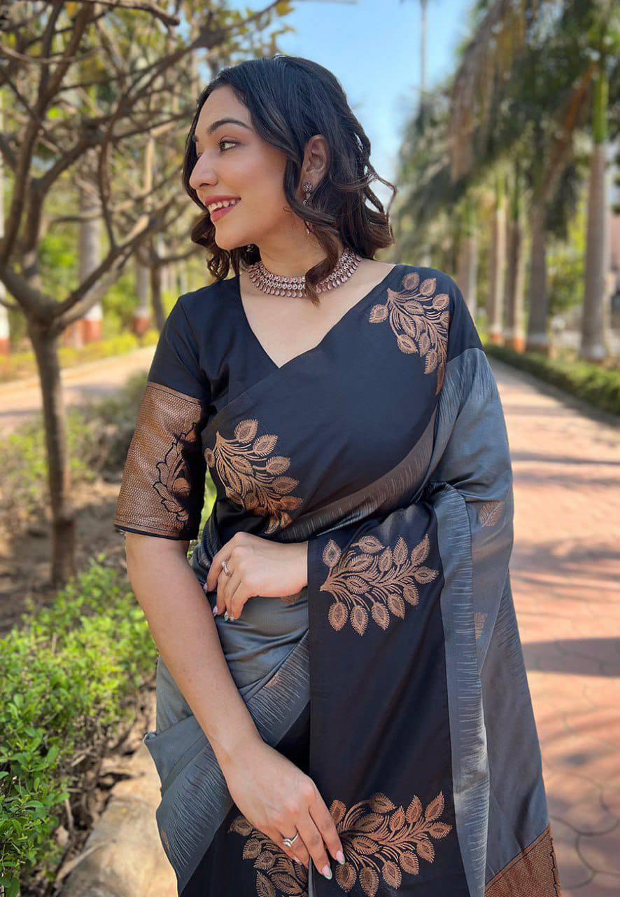 Stunning Grey Lichi Silk Saree with Blouse Peace