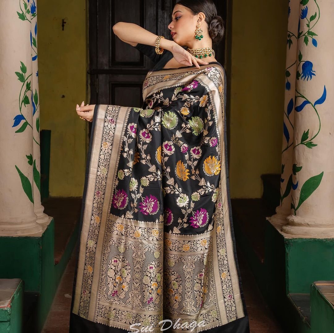 Vibrant Black and Golden Soft Silk Saree with Ethnic Blouse Piece