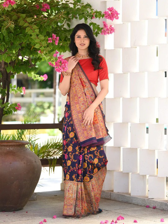 Elegant Banarasi Silk Saree with Zari Border & Pallu Blue