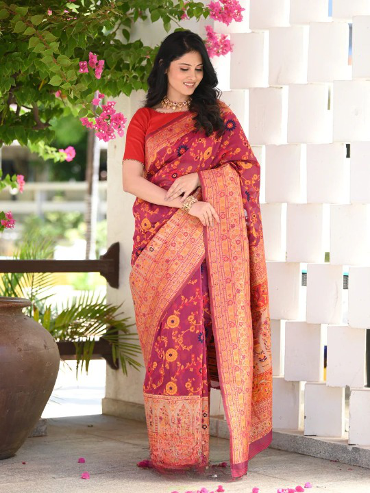 Elegant Banarasi Silk Saree with Zari Border & Pallu Red