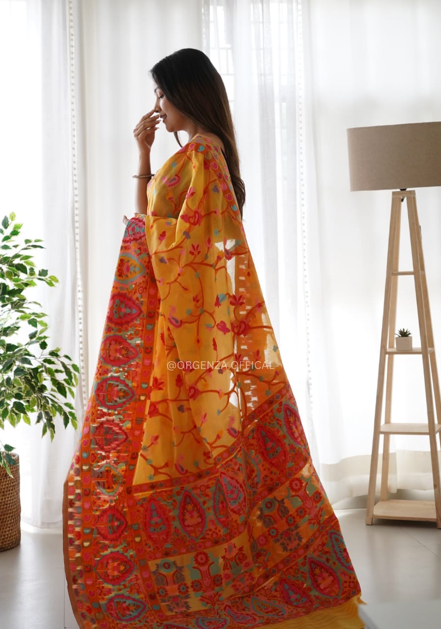 Banarasi Silk Saree Printed– Rich Fabric, Royal Look Yellow Saree
