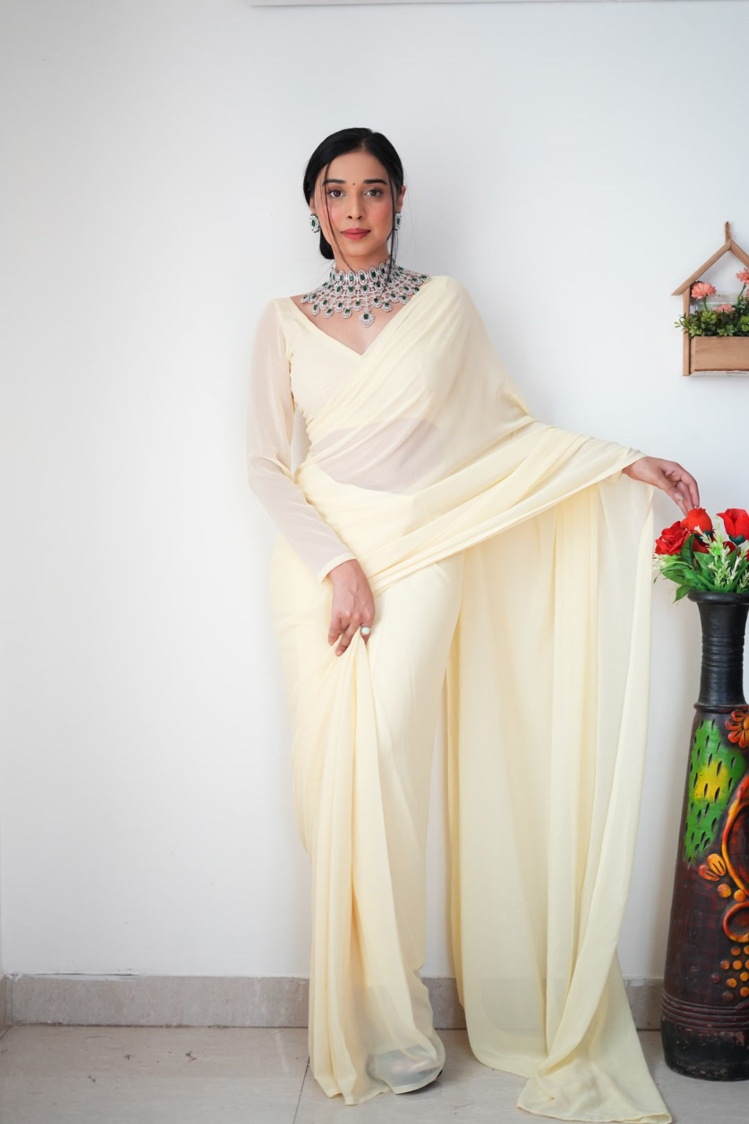 Gorgeous 1 Minute Ready to Wear White Cream Georgette Saree