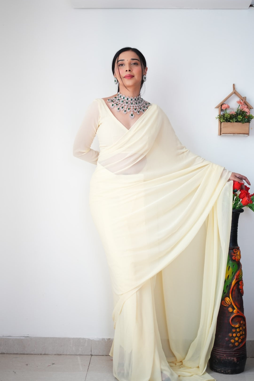 Gorgeous 1 Minute Ready to Wear White Cream Georgette Saree