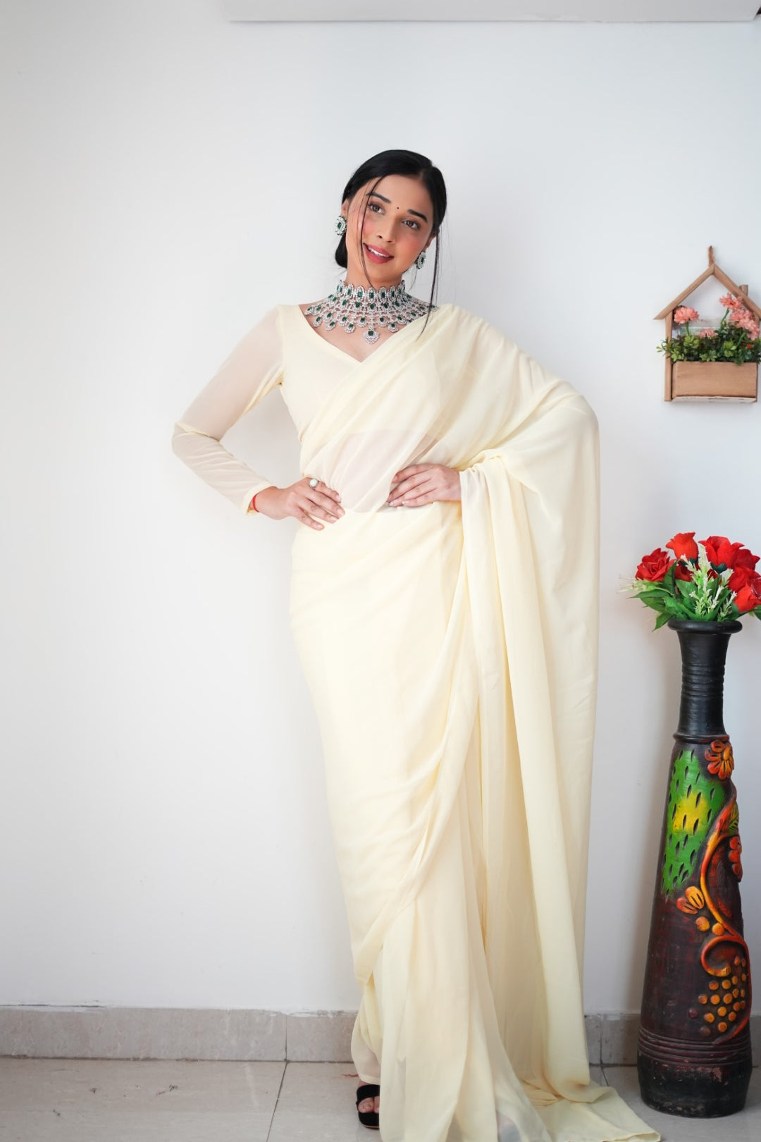 Gorgeous 1 Minute Ready to Wear White Cream Georgette Saree