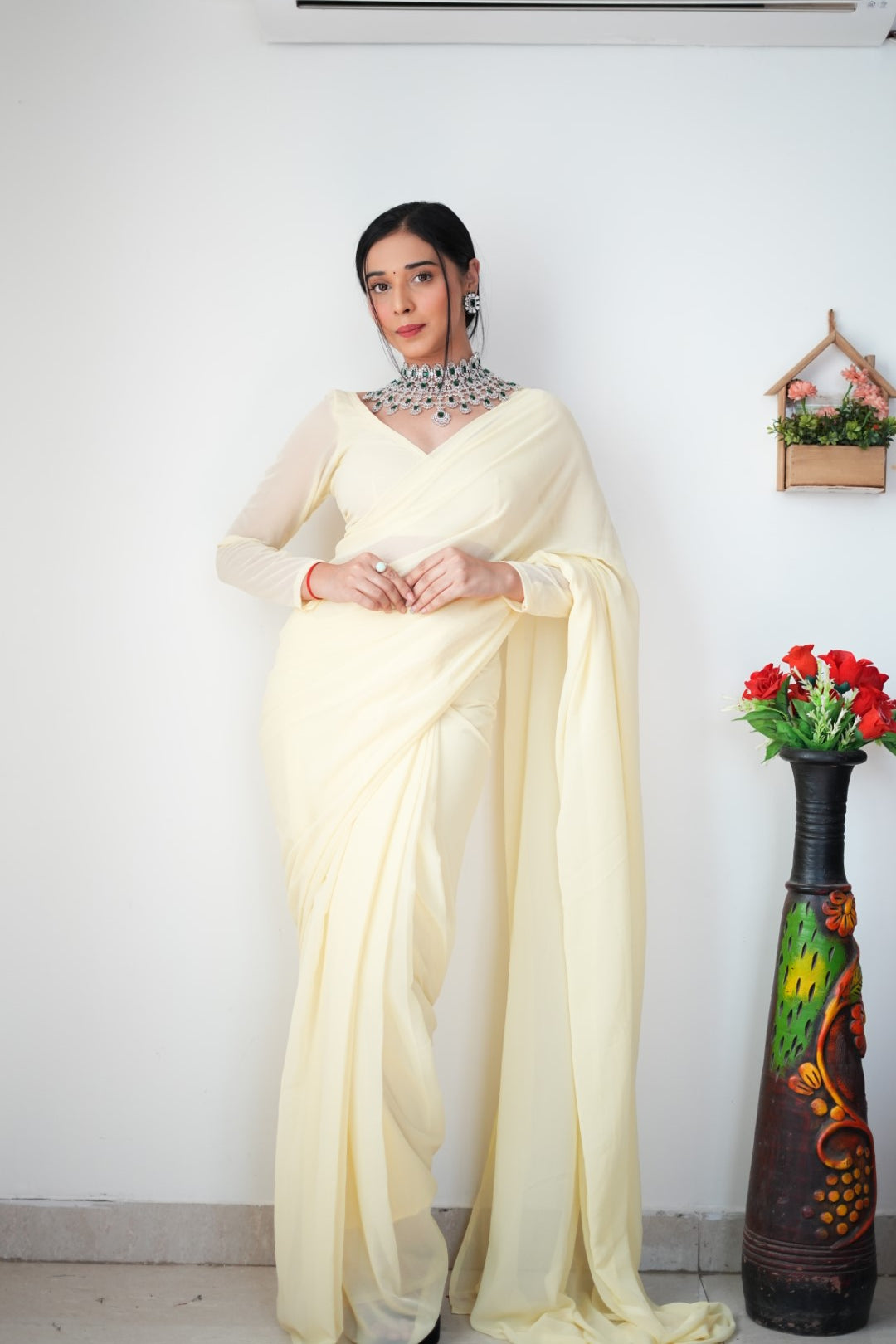 Gorgeous 1 Minute Ready to Wear White Cream Georgette Saree