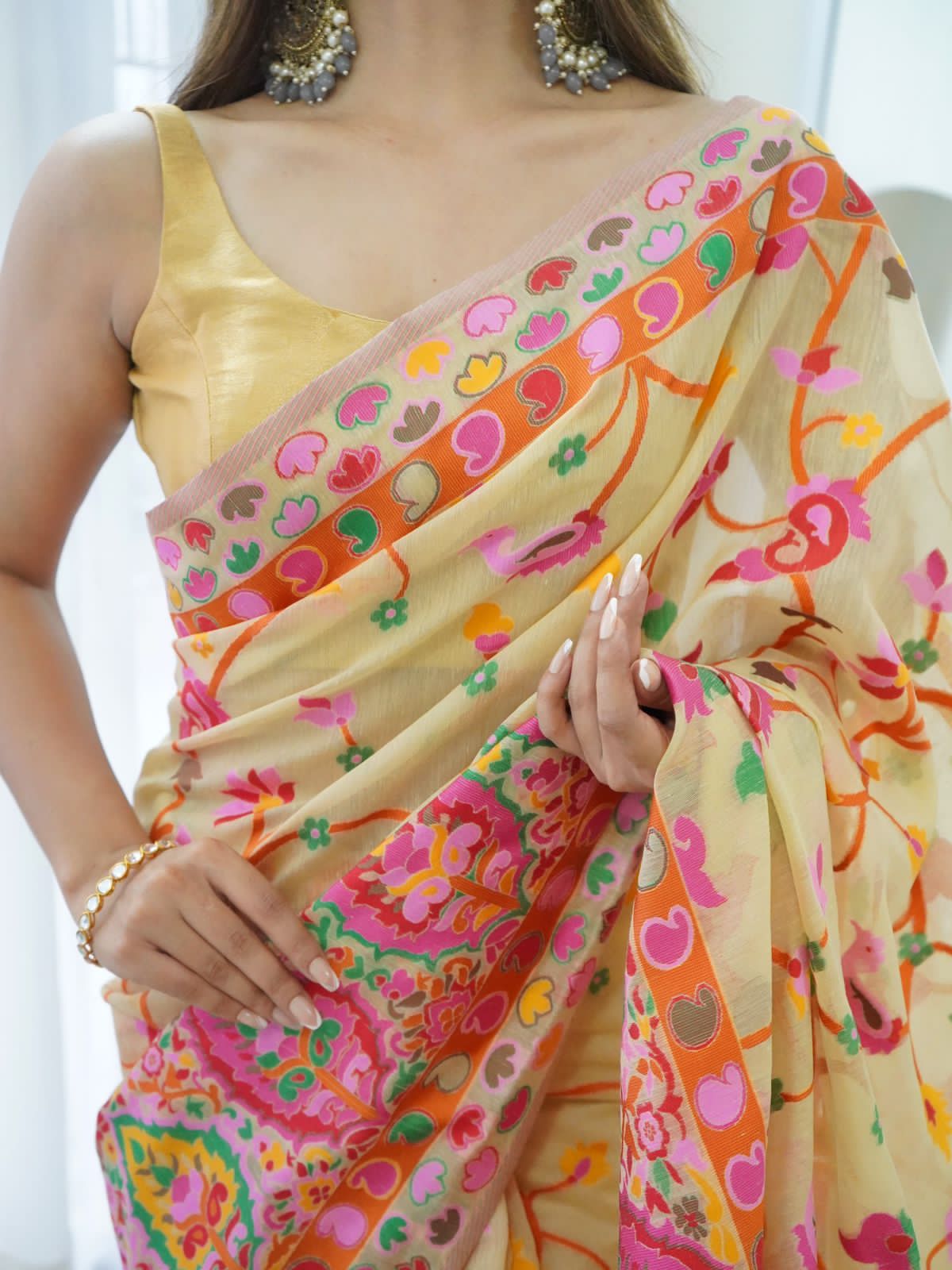 Banarasi Silk Saree Printed– Rich Fabric, Royal Look Light Yellow