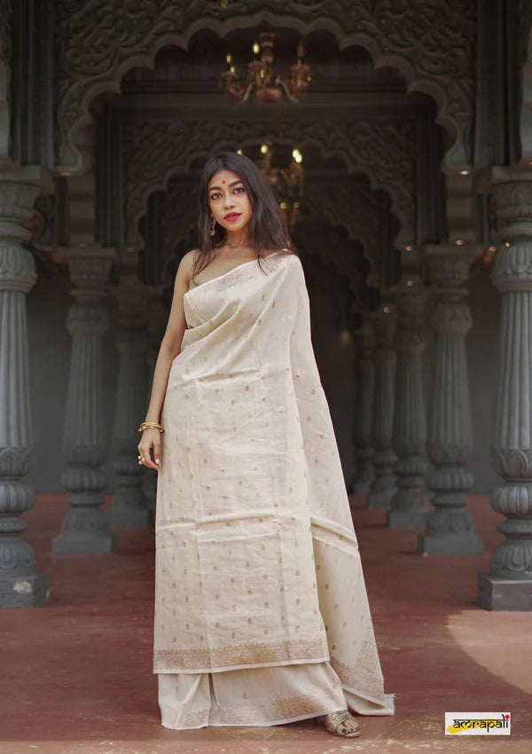 Elegant Banarasi Silk Saree with Gold Zari Embellishments Cream