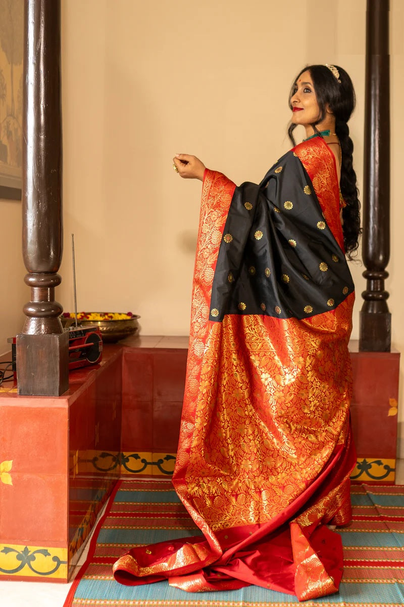 Stylist Red and Black Soft Silk Saree with Ethnic Blouse Piece