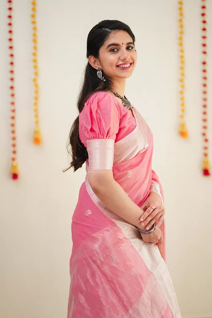 Confounding Pink Cotton Silk Saree With Splendorous Blouse Piece