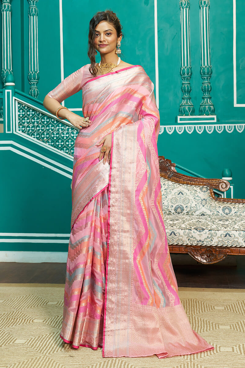 Refreshing Baby Pink Organza Silk Saree With Radiant Blouse Piece