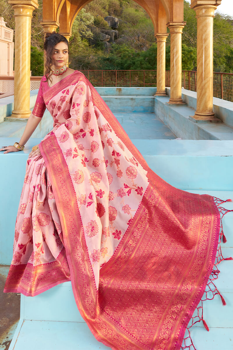 Panoply Baby Pink Organza Silk Saree With Lissome Blouse Piece