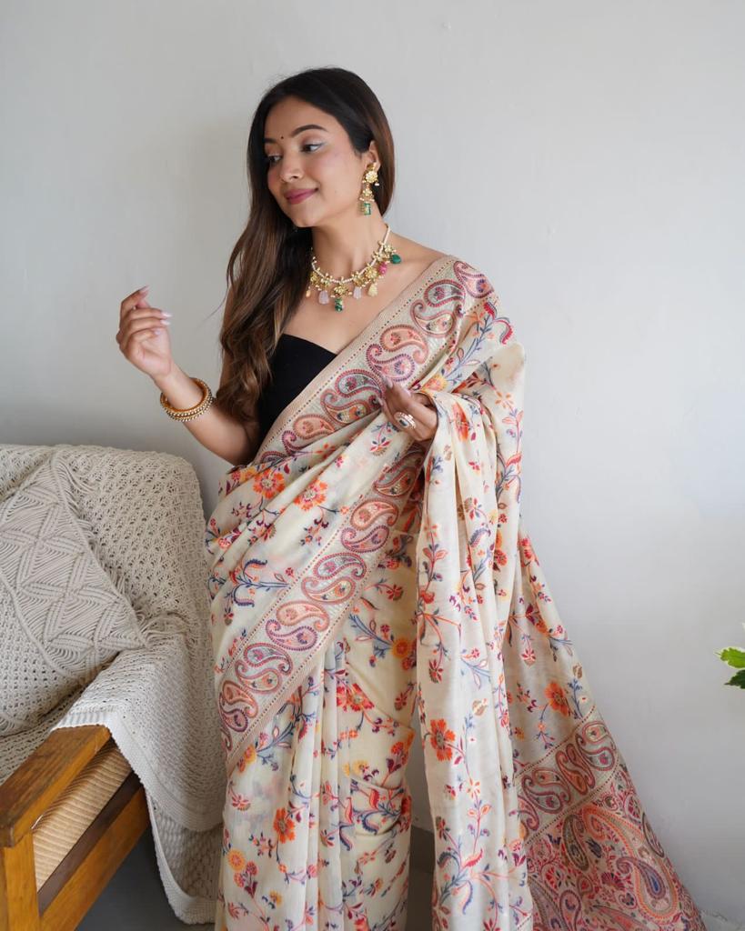 Festive Wear Banarasi Saree in Pure Soft Silk Cream White