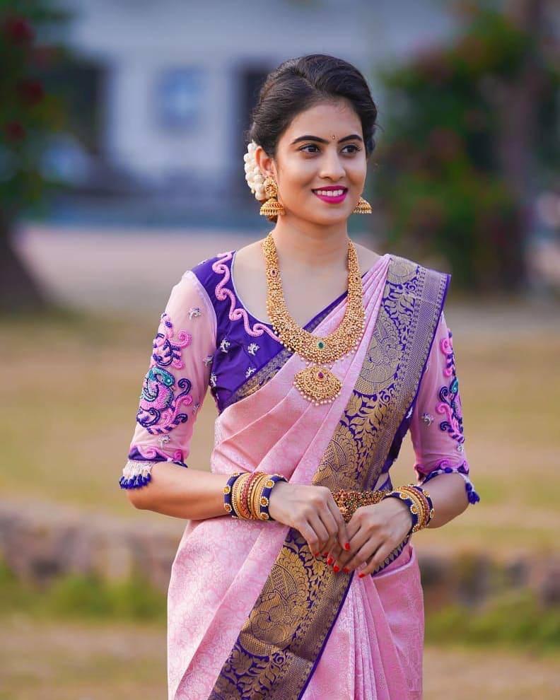 Adorable Pink Soft Lichi Silk Saree with Blouse Peace