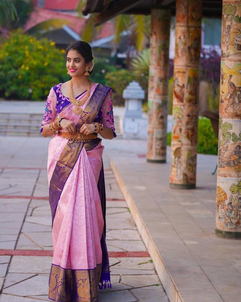 Adorable Pink Soft Lichi Silk Saree with Blouse Peace