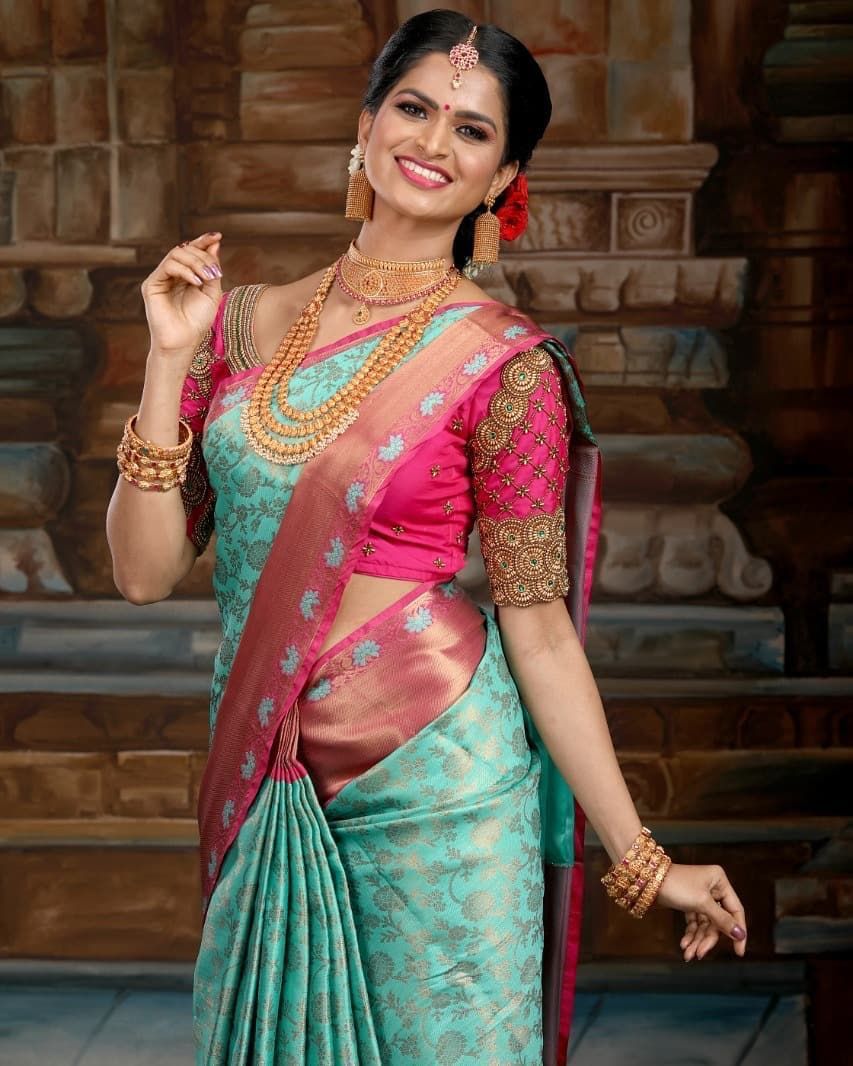 Stunning Pistachio with Pink Soft Lichi Silk Saree with Blouse Peace