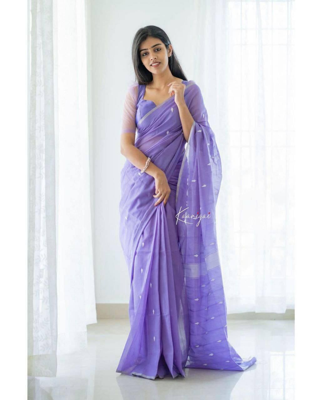 Alluring Purple Soft Cotton Silk Saree with Blouse Peace