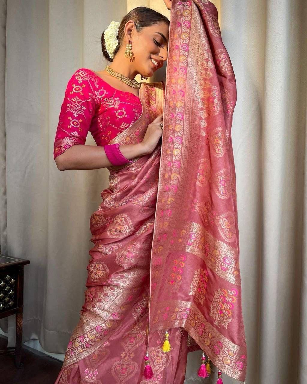 Ethnic Peach Soft Lichi Silk Saree With Classic Blouse Piece