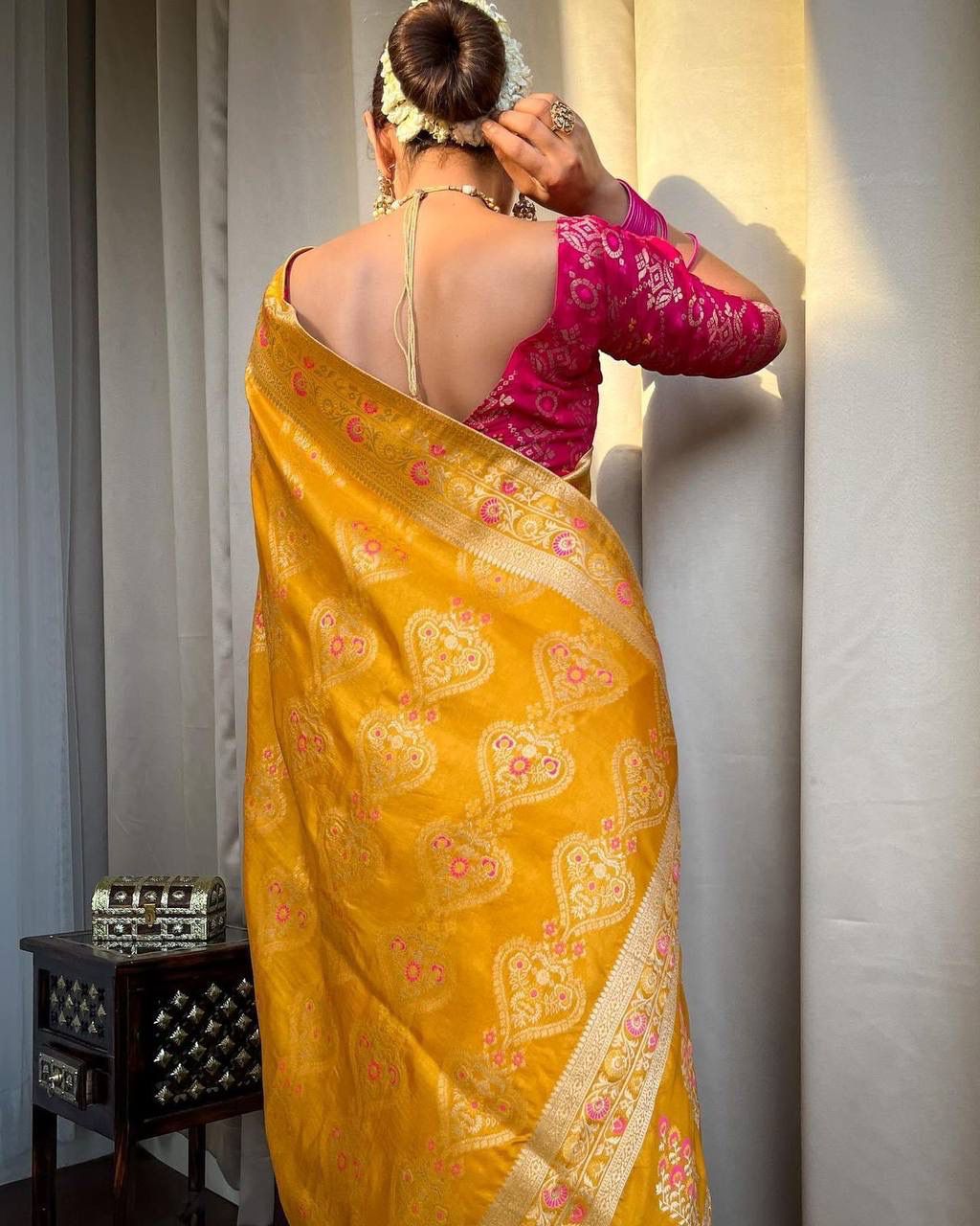 Ethnic Gold Yellow Soft Lichi Silk Saree With Classic Blouse Piece