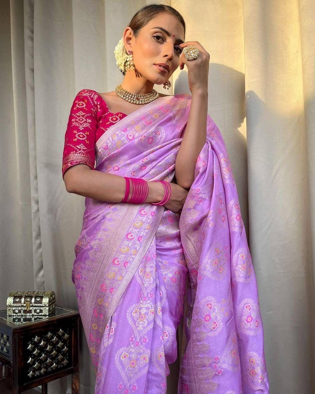 Ethnic Purple Soft Lichi Silk Saree With Classic Blouse Piece