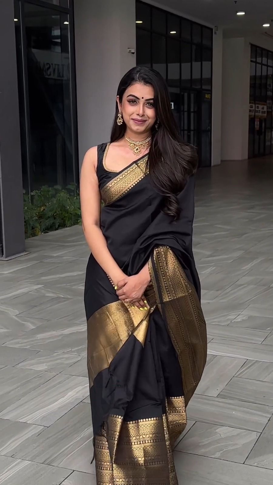 Graceful Black with Golden Zari Work Lichi Silk Saree with Blouse Peace
