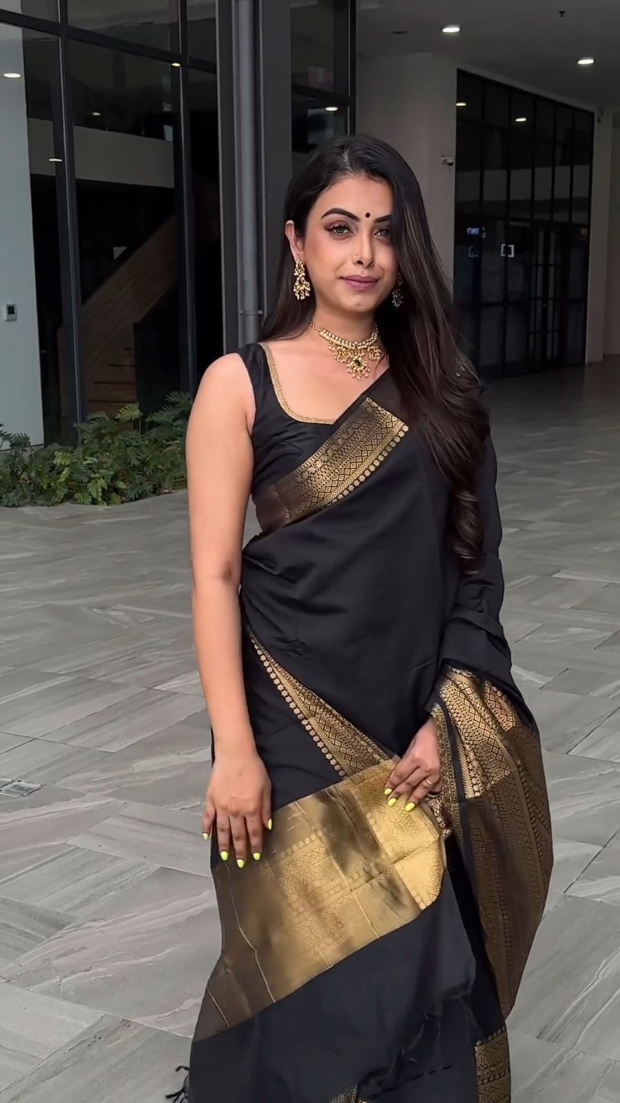 Graceful Black with Golden Zari Work Lichi Silk Saree with Blouse Peace