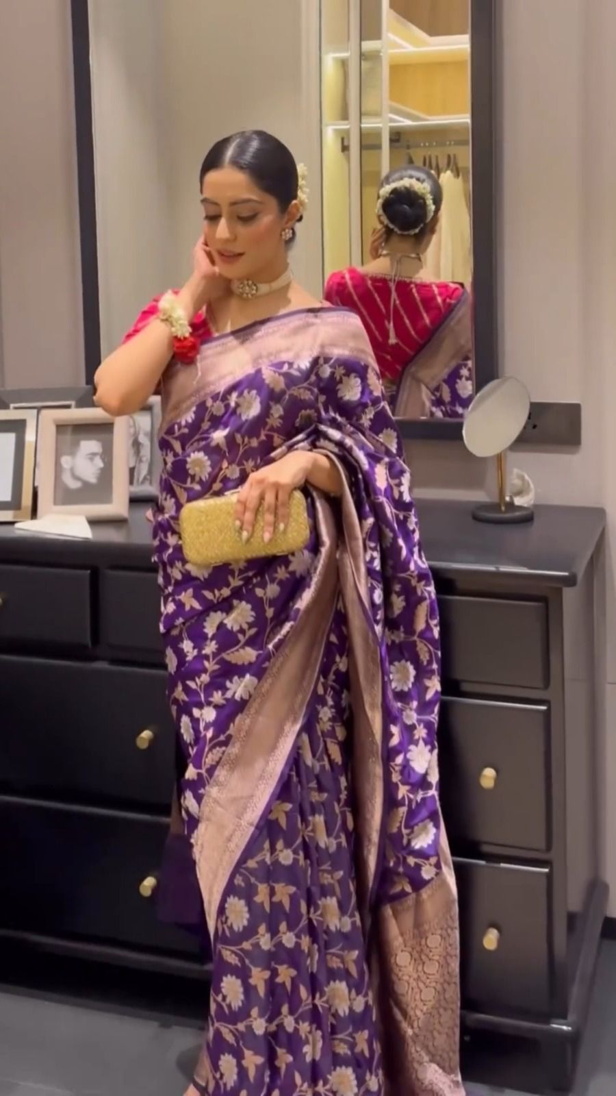 Perfectly Violet Draped Lichi Silk Saree with Blouse Peace