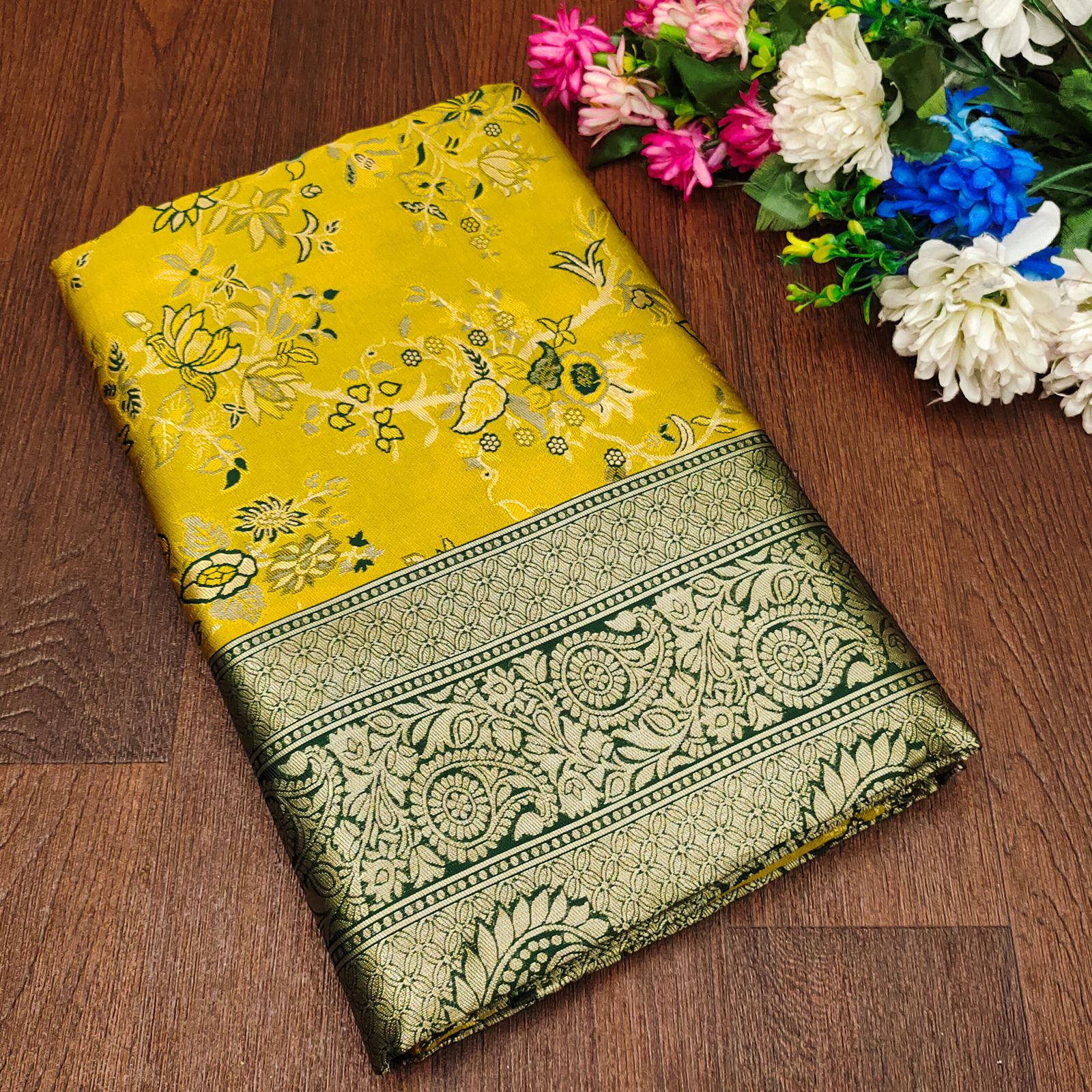 Elegance Yellow Soft Lichi Silk Saree With Classic Blouse Piece