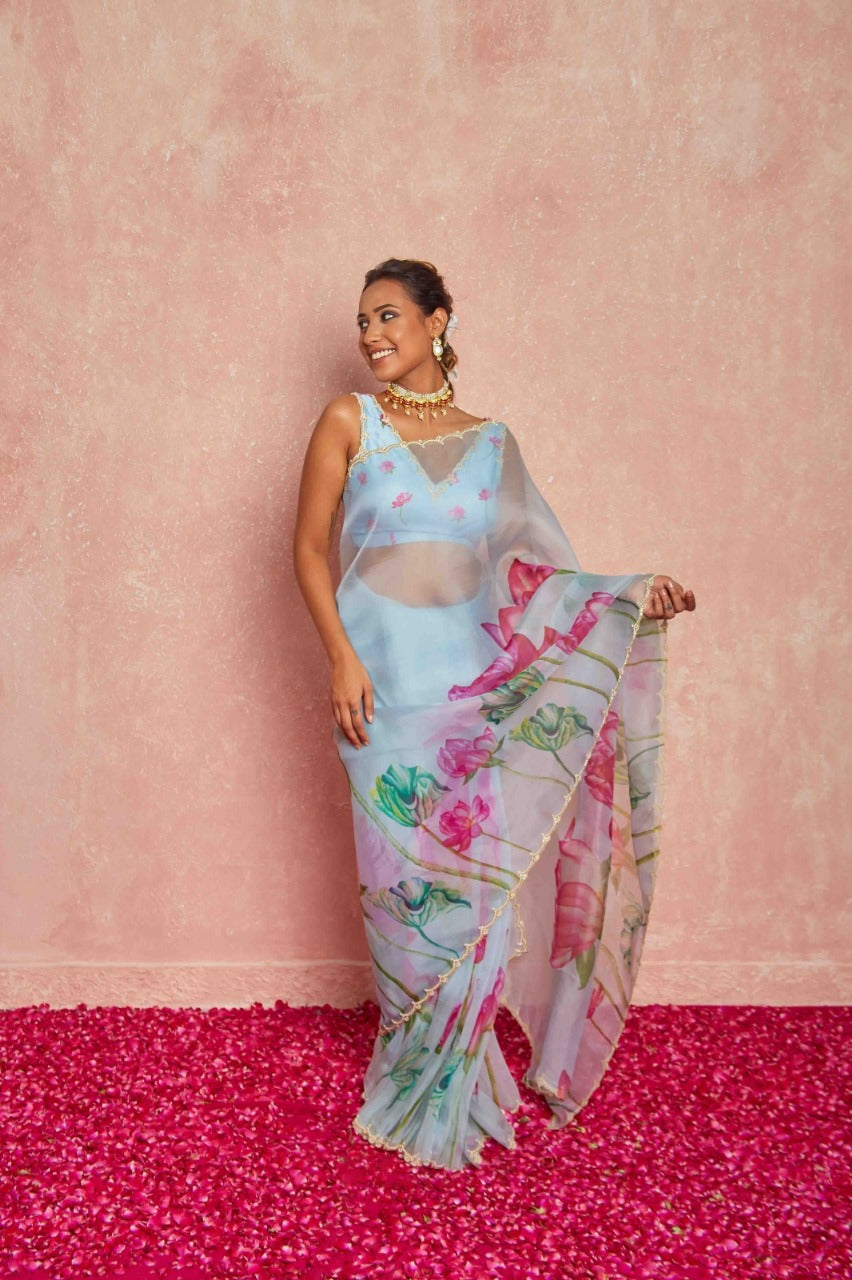 Stylist 1 Minute Ready to Wear Sky Blue Floral Georgette Saree