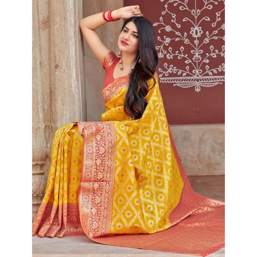 Traditional Yellow Soft Lichi Silk Saree With Classic Blouse Piece