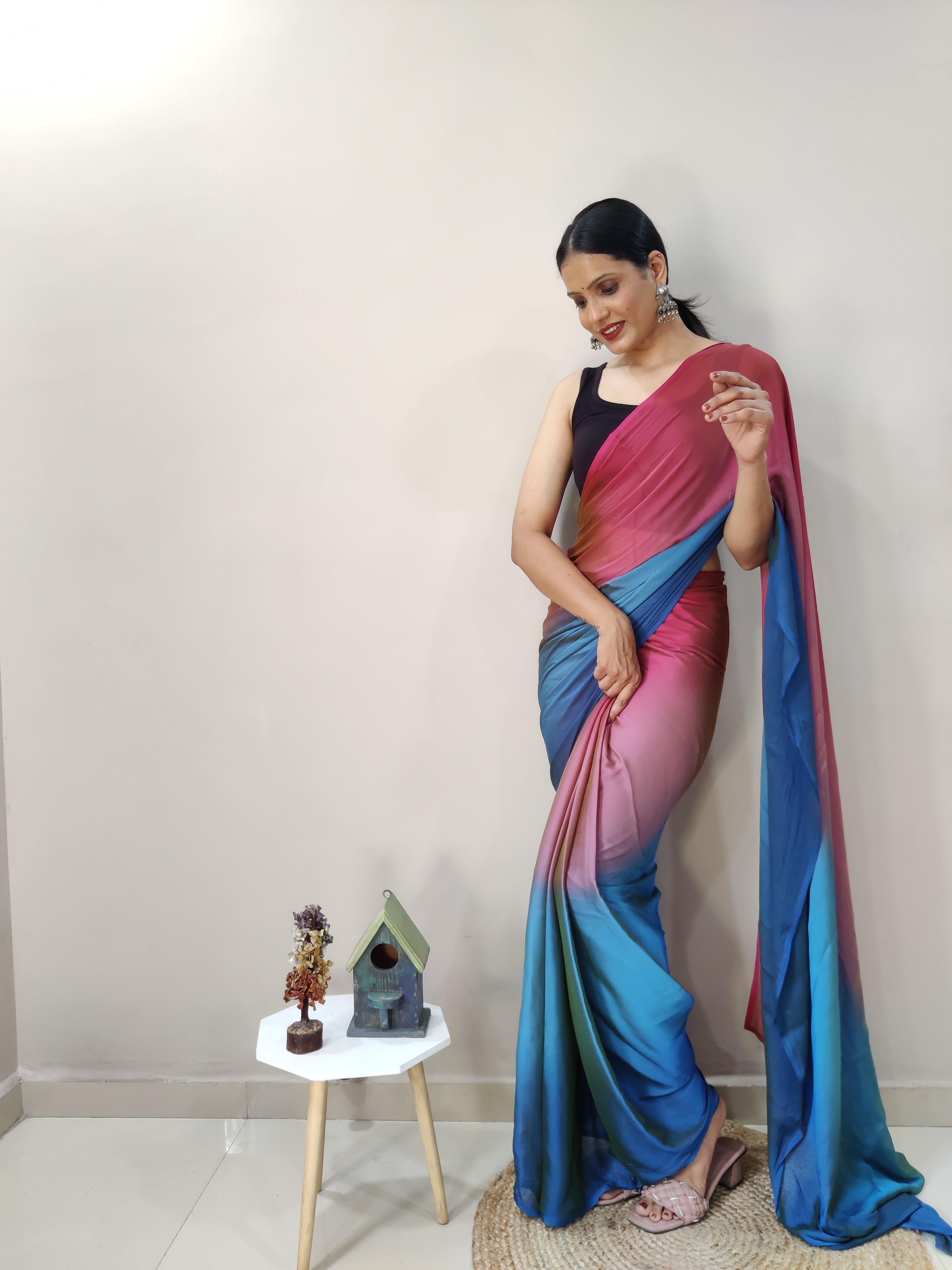 Stunning 1 Minute Ready to Wear Red & Blue Chiffon Saree