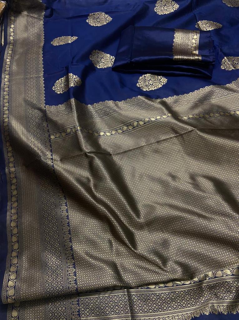 Bridal Collection Lichi Silk Saree with Fancy Zari Work -Blue
