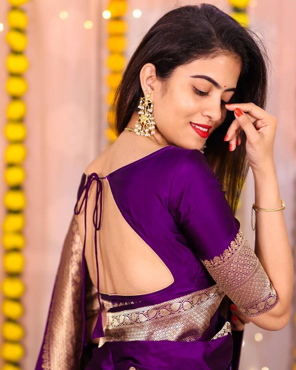 Bridal Collection Lichi Silk Saree with Fancy Zari Work Purple